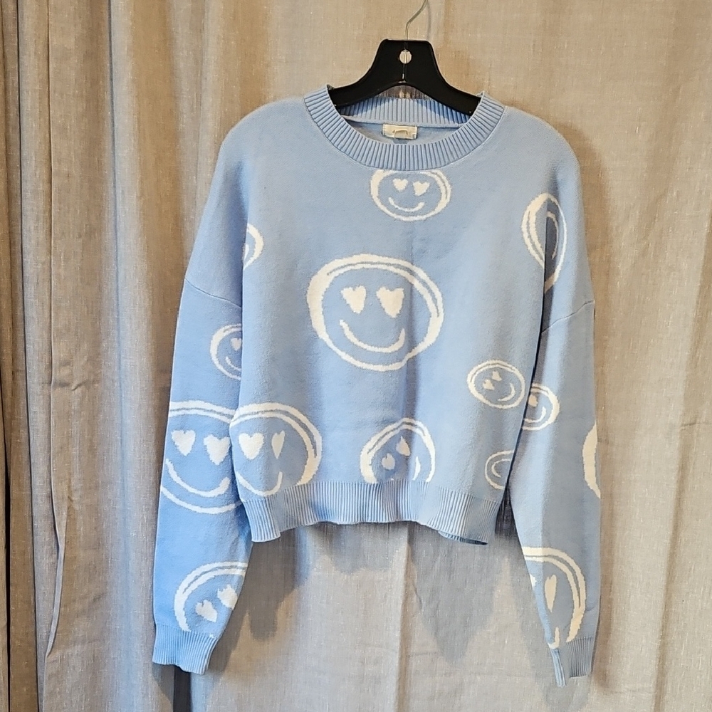Debut Blue and White Crew Neck Sweater with Smiley Faces
